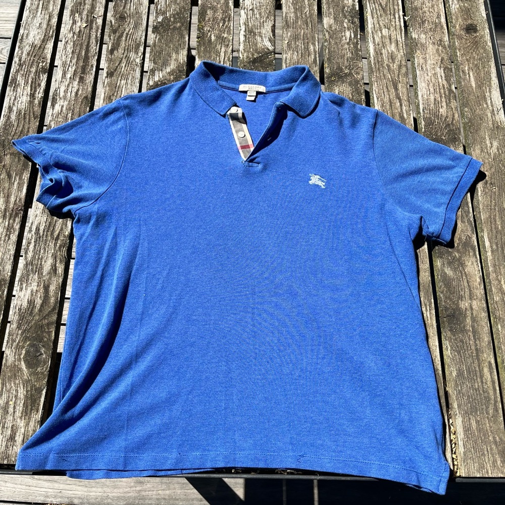 Burberry Men's Blue Polo with Embroidered Chest Logo and Collar Detail - Size XL